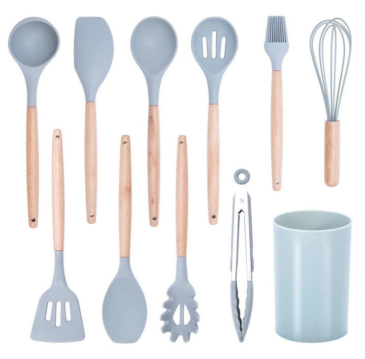 Wooden Handle,Heat Resistant Silicone Kitchen Utensils Set 11 Pcs Gray